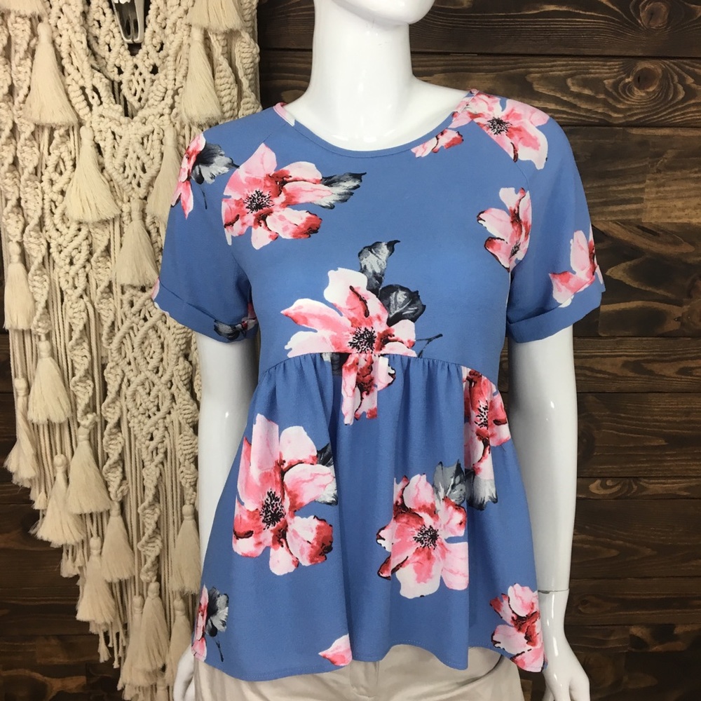 Floral Ruched Peplum Tie Up Backside Blouse‎